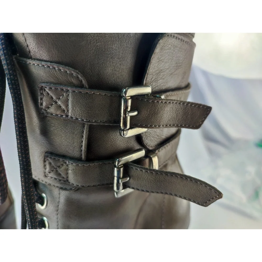 San Crispino ITALY Brown Leather Lace Up Buckle Combat Heel Boot Womens IT40 US9